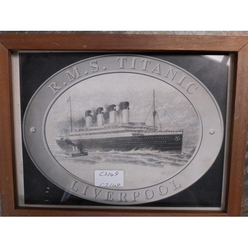 208 - Framed black and white prints Titanic passengers leaving Cobh and Liverpool. {39 cm H x 40 cm W] and... 