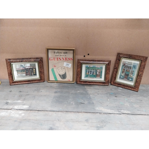 211 - Three framed coloured prints of Dublin pubs {13 cm H x 17 cm W} and Follow Suit and Have a Guinness ... 