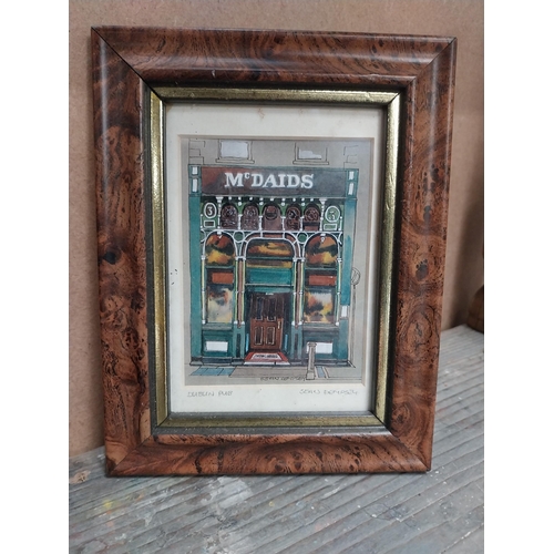 211 - Three framed coloured prints of Dublin pubs {13 cm H x 17 cm W} and Follow Suit and Have a Guinness ... 