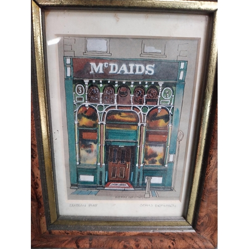 211 - Three framed coloured prints of Dublin pubs {13 cm H x 17 cm W} and Follow Suit and Have a Guinness ... 