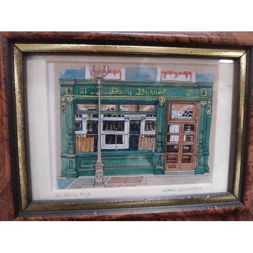 211 - Three framed coloured prints of Dublin pubs {13 cm H x 17 cm W} and Follow Suit and Have a Guinness ... 