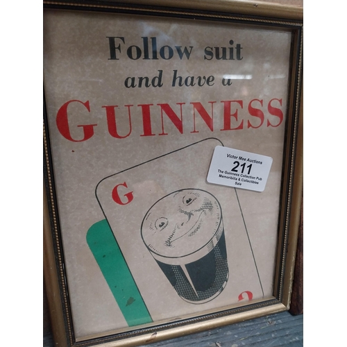 211 - Three framed coloured prints of Dublin pubs {13 cm H x 17 cm W} and Follow Suit and Have a Guinness ... 