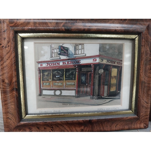 211 - Three framed coloured prints of Dublin pubs {13 cm H x 17 cm W} and Follow Suit and Have a Guinness ... 