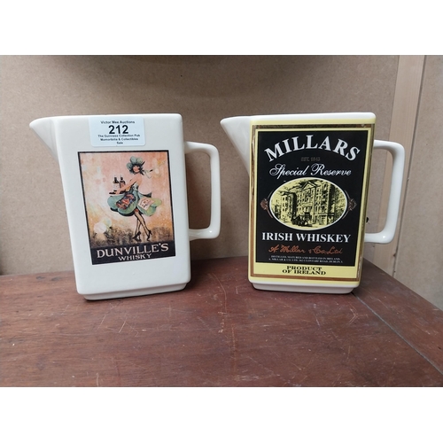 212 - Dunvilles Whiskey Shamrock Lady and Millar's Irish Whiskey ceramic water jugs {15 cm H x 15 cm W x 8... 