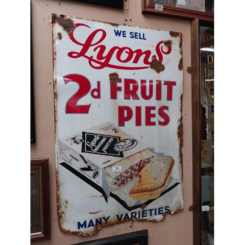 216 - We sell Lyon's 2d Fruit Pies Many Varieties enamel advertising sign. {86 cm H x 58 cm W}.