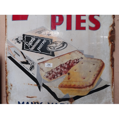 216 - We sell Lyon's 2d Fruit Pies Many Varieties enamel advertising sign. {86 cm H x 58 cm W}.