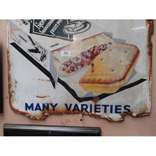 216 - We sell Lyon's 2d Fruit Pies Many Varieties enamel advertising sign. {86 cm H x 58 cm W}.