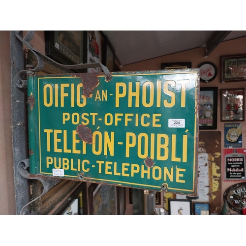 224 - Double sided bi lingual Oifig and Phoist sign with original pole bracket. {73 cm H x 54 cm W}