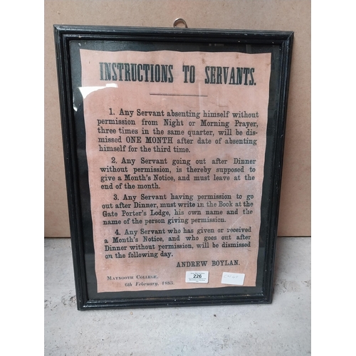 226 - Framed Instructions to Servants Maynooth College 1883 print. {43 cm H x 33 cm W}.