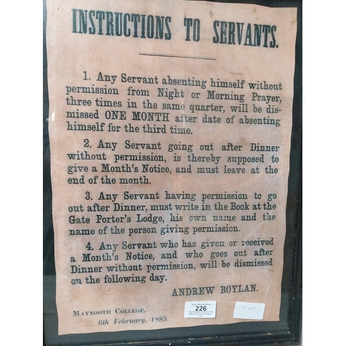 226 - Framed Instructions to Servants Maynooth College 1883 print. {43 cm H x 33 cm W}.