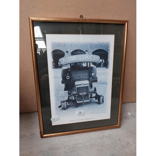 230 - Framed black and white print Guinness and Son 1909 Daimler delivering casks. {56 cm H x 43 cm W}.