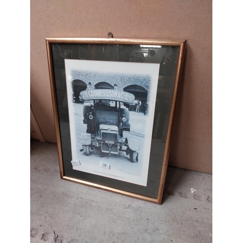 230 - Framed black and white print Guinness and Son 1909 Daimler delivering casks. {56 cm H x 43 cm W}.