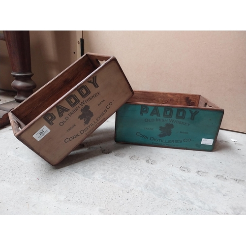 231 - Two Paddy Irish Whiskey wooden advertising crates. {16 cm H x 35 cm W x 22 cm D} and {14 cm H x 32 c... 