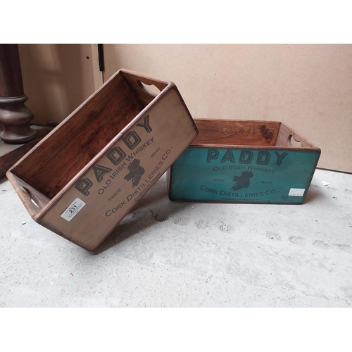 231 - Two Paddy Irish Whiskey wooden advertising crates. {16 cm H x 35 cm W x 22 cm D} and {14 cm H x 32 c... 