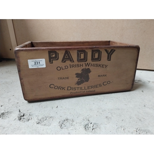 231 - Two Paddy Irish Whiskey wooden advertising crates. {16 cm H x 35 cm W x 22 cm D} and {14 cm H x 32 c... 