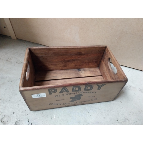 231 - Two Paddy Irish Whiskey wooden advertising crates. {16 cm H x 35 cm W x 22 cm D} and {14 cm H x 32 c... 