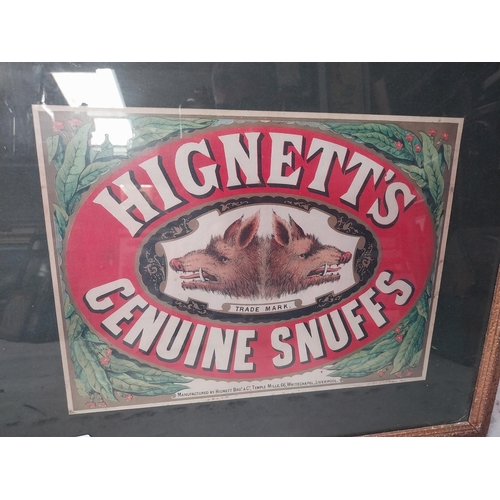 232 - Hignett's genuine snuff framed advertising showcard {46cm H x 56cm W}.