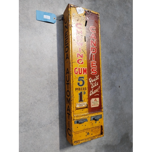 242 - 1950's painted metal Uneeda Automatic Candies and Chewing Gum dispenser. {84 cm H x 22 cm W x 11 cm ... 