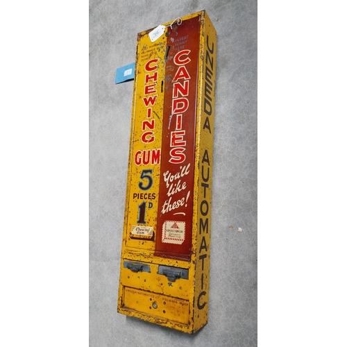 242 - 1950's painted metal Uneeda Automatic Candies and Chewing Gum dispenser. {84 cm H x 22 cm W x 11 cm ... 