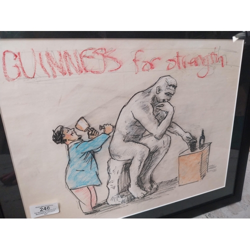 246 - Rare original framed Guinness for Strength Sculptor carving Stone Man After Henry Moore sketch by Jo... 