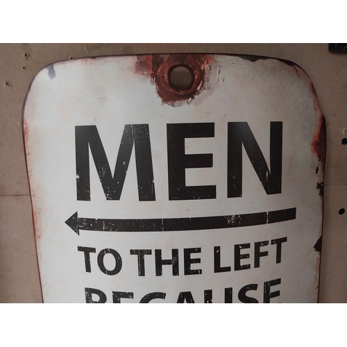 253 - Tinplate Men to the Left because Women are always Right tinplate sign. {55 cm H x 34 cm W}.