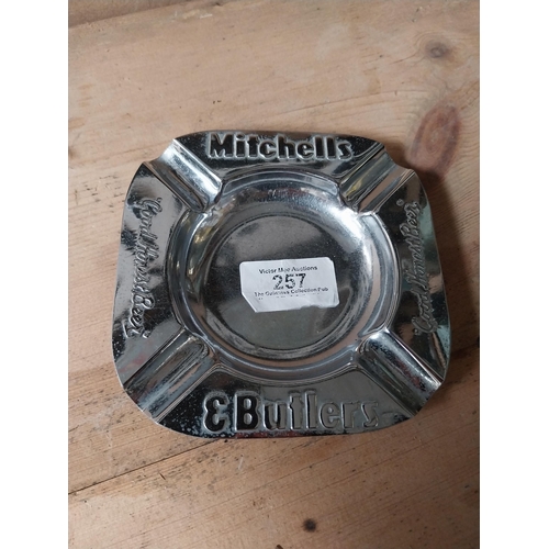 257 - Chrome Mitchell and Butlers ashtray {12 cm H x 12 cm W} and Asbach Uralt ashtray {14 cm h x 14 cm D}... 