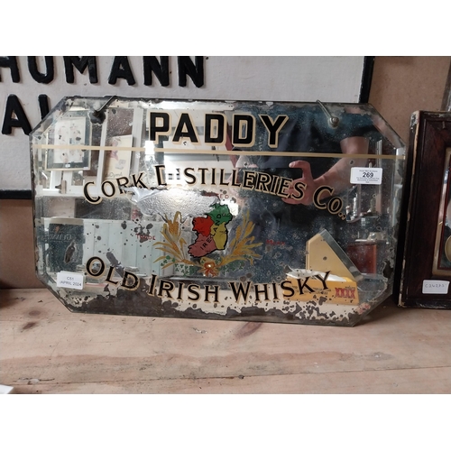 269 - Paddy Old Irish Whiskey Cork Distillers advertising mirror. {30 cm H x 51 cm W}.