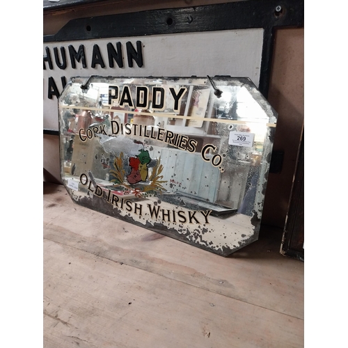 269 - Paddy Old Irish Whiskey Cork Distillers advertising mirror. {30 cm H x 51 cm W}.