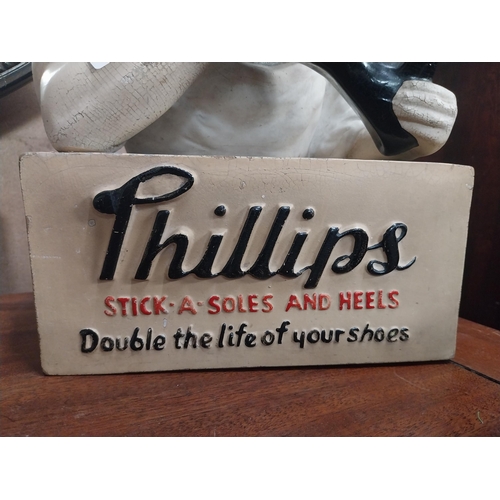 299 - Phillips Stick - a - Soles and Heels Ruberoid advertising figure. {30 cm H x 10 cm W x 12 cm D}.