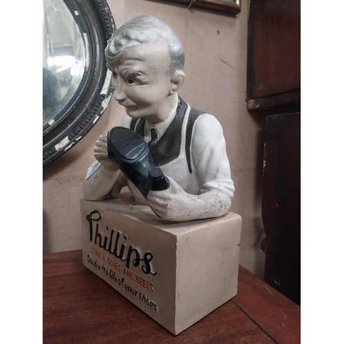 299 - Phillips Stick - a - Soles and Heels Ruberoid advertising figure. {30 cm H x 10 cm W x 12 cm D}.