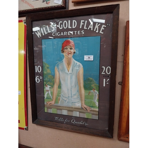 30 - Original Will's Gold Flake Cigarettes showcard in original stamped wooden frame. {54 cm H x 41 cm W}... 