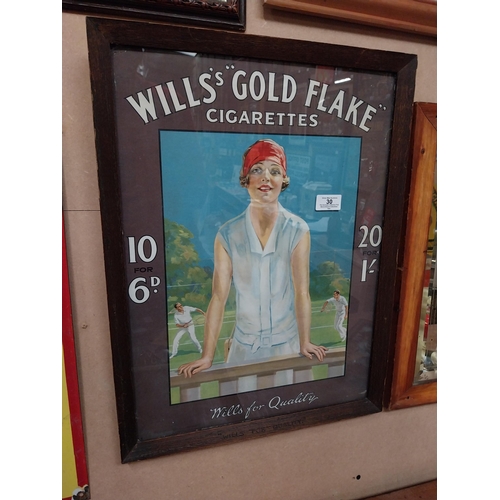 30 - Original Will's Gold Flake Cigarettes showcard in original stamped wooden frame. {54 cm H x 41 cm W}... 