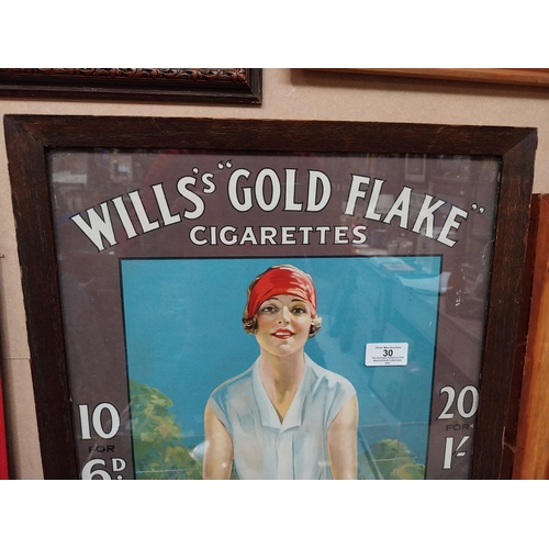 30 - Original Will's Gold Flake Cigarettes showcard in original stamped wooden frame. {54 cm H x 41 cm W}... 