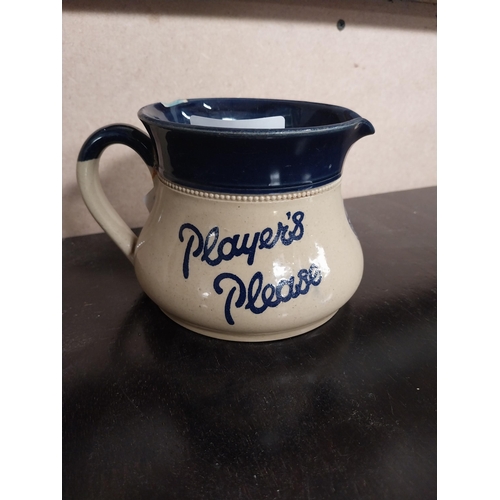 306 - Player's Please stoneware advertising water jug. {10 cm H x 16 cm W x 13 cm D}.