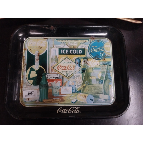 309 - Three tinplate Coca Cola advertising drinks trays. {24 cm H x 27 cm W}.