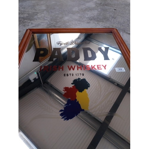 319 - Framed Paddy Irish Whiskey advertising mirror. {69 cm H x 55 cm W}.