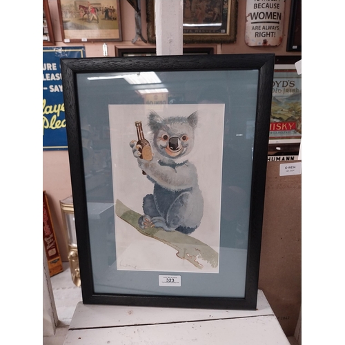 323 - Rare original framed Koala on a branch with Guinness bottle sketch signed by John Gilroy. {41 cm H x... 