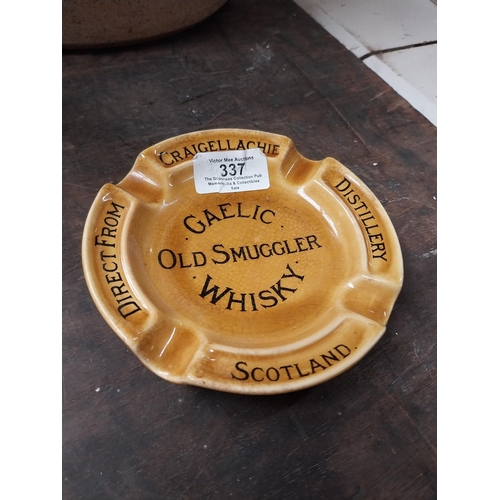 337 - Gaelic Old Smuggler Whisky Craigellachie Scotland ceramic advertising ashtray {2 cm H x 13 cm W x 13... 