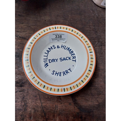 338 - Williams and Humbert Dry Sack Sherry ceramic ashtray. {3 cm H x 14 cm Dia.}.