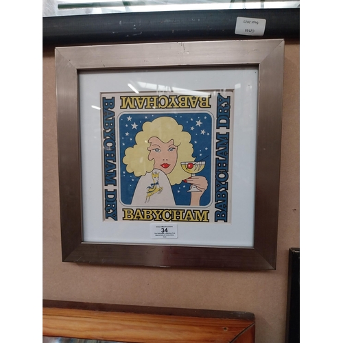 34 - Framed 1960's Babycham advertising print. {30 cm H x 30 cm W}.