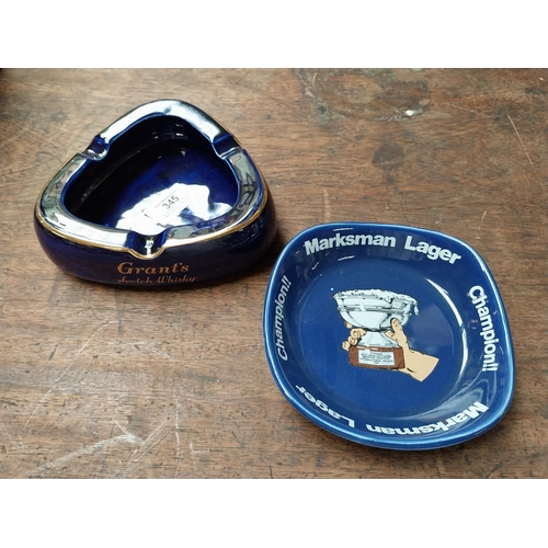 345 - Grant's Scotch Whiskey Wade ceramic ashtray {5 cm H x 15 cm W x 15 cm D} and Marksman Lager ceramic ... 