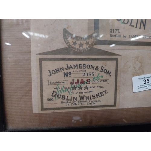 35 - Framed collection of three John Jameson and John Powers Whiskey labels. {44 cm H x 35 cm W}.