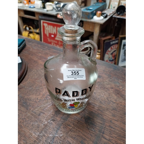 355 - Paddy Old Irish Whiskey glass decanter. {21 cm H x 11 cm Dia.}.