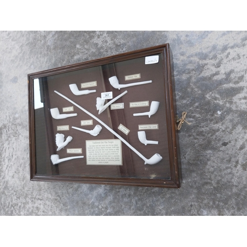 361 - Collection of Irish clay pipes in wooden and glazed display case. {29 cm H x 51 cm W x 8 cm D}.