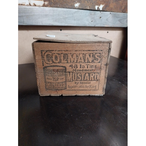 369 - Colman's Mustard wooden advertising box. {15 cm H x 22 cm W x 18 cm D}.