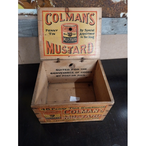 369 - Colman's Mustard wooden advertising box. {15 cm H x 22 cm W x 18 cm D}.