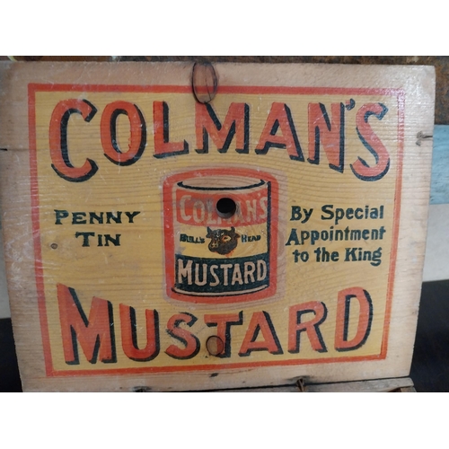 369 - Colman's Mustard wooden advertising box. {15 cm H x 22 cm W x 18 cm D}.