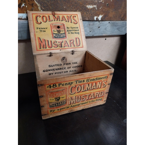 369 - Colman's Mustard wooden advertising box. {15 cm H x 22 cm W x 18 cm D}.