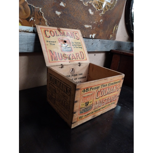 369 - Colman's Mustard wooden advertising box. {15 cm H x 22 cm W x 18 cm D}.