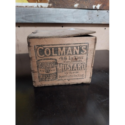 369 - Colman's Mustard wooden advertising box. {15 cm H x 22 cm W x 18 cm D}.